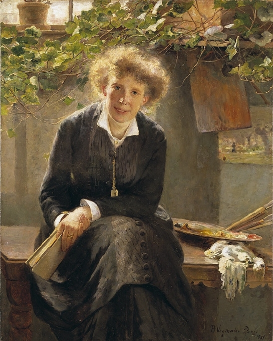 Porträttet av Jeanna Bauck är målat av danska konstnären Bertha Wegmann 1881. Några år tidigare hade Bauck gestaltat Wegmann i deras gemensamma ateljé i München men nu hade de flyttat till Paris och det var Baucks tur att sitta modell i deras nya arbetsplats.Jeanna Bauck sitter på ett okonventionellt sätt på ett bord och möter betraktarens blick, hon är gestaltad med stor integritet och närvaro. I porträttet lyckades Bertha Wegmann kombinera tidens fria självständiga kvinnotyp, ”Den Nya Kvinnan”, med den borgerliga kvinnlighetens elegans. Bauck har sina yrkesattribut vid sin sida; penslar, palett och målartrasor. I handen håller hon en bok som skall symbolisera hennes roll som intellektuell kvinna. I bakgrunden, genom fönsterrutorna, ser man takåsarna i Paris.Bertha Wegmann och Jeanna Bauck bodde tillsammans i Paris åren1880 och 1881. Båda konstnärerna lyckades komma in med flera verk på Paris-salongen och Wegmann erhöll en av de eftertraktade medaljerna. Vid den här tiden målade konstnärerna otaliga kamratporträtt, men det var endast kvinnorna som gestaltade varandra i yrkesrollen. Att ställa sig frågan vem och vad är jag, att offentligt skildra sig själva som subjekt är komplicerat för kvinnliga konstnärer i en tradition som skapats i enlighet med en patriarkal världsbild. I en rad banbrytande porträtt sökte Wegmann och Bauck därför att förändra synen på den kvinnliga konstnären och de bröt därmed med den förhärskande manliga konstnärsnormen.Jeanna Bauck återvände 1882 till München där hon grundade en målarskola för kvinnliga konstnärer. Bertha Wegmann flyttade tillbaka till Danmark, där hon fick sitt stora genombrott som porträttör på Charlottenborg utställningen 1883. Under perioden1887-1907 satt Wegmann i styrelsen för Tecknings- och konstindustriskolan för kvinnor i Köpenhamn och hon arbetade aktivt för att de danska kvinnliga konstnärerna skulle få tillgång till undervisningen på konstakademien. Många år efter Bertha Wegmanns död upprättades en stiftelse i hennes namn för obemedlade unga kvinnliga konstnärer.