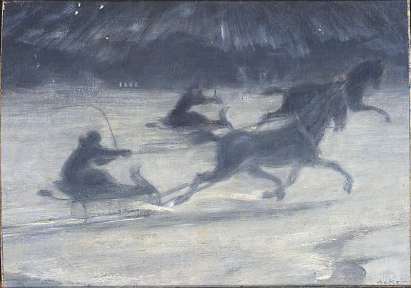 Slädfärd på isen. Illustration till Per Hallströms novell Det evigt manliga