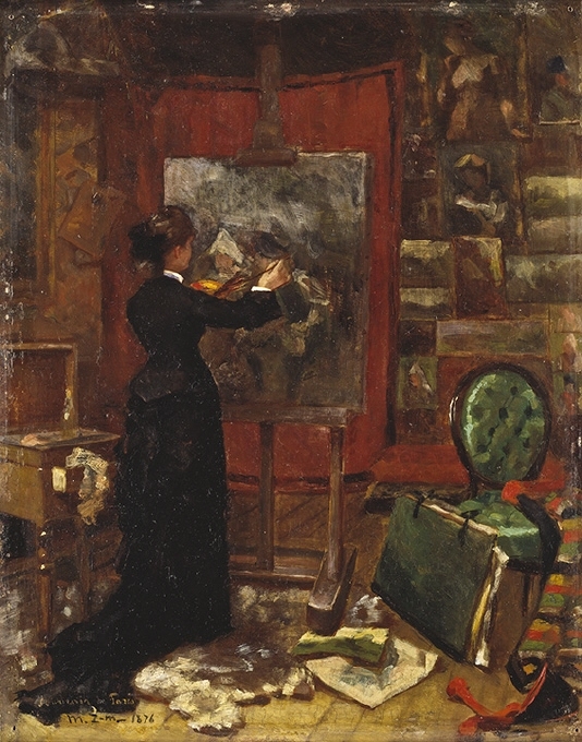 Efter studier vid Konstakademien i Stockholm bosatte sig Mimmi Zetterström på 1870-talet i Paris. Vid flera tillfällen deltog hon i Salongen, där hennes exotiska motiv från Lappland väckte uppmärksamhet. En av dessa målningar inköptes av den franska staten. I detta självporträtt från 1876 har hon framställt sig själv vid staffliet i sin Parisateljé. Hon arbetar här med målningen ”Dalfolk” som idag finns i Nationalmuseum. I Paris öppnade Zetterström sitt hem för flera av de yngre svenska konstnärer som slagit sig ner i staden.