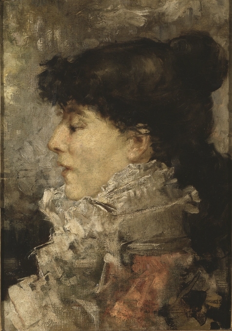 Tidens största internationella stjärna var den franska skådespelerskan Sarah Bernhardt. ”Den gudomliga”, som hon kallades, lär ha suttit modell hela fyrtio gånger innan Bastien-Lepage färdigställde hennes porträtt som visades på Salongen 1879. Sittningarna ägde rum i skådespelerskans lägenhet på Rue Fortuny i Paris. I det slutgiltiga porträttet tittar Bernhardt ned på en statyett av Orfeus – en anspelning på hennes yrke, röst och arbete som amatörskulptör. Nationalmuseums målning är sannolikt en förberedande studie. Många nordiska konstnärer såg Bastien-Lepage som den stora förebilden inom det franska måleriet. Han dog endast 36 år gammal i cancer.