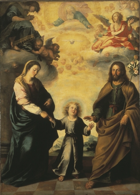 Denna målning, sannolikt avsedd att hänga i en kyrka, kallas också ”De två treenigheterna”.  Det syftar dels på Maria, Josef och Jesusbarnet och dels på Gud Fader, den heliga anden (i form av en duva) och Jesus Kristus.  De två treenigheterna, den ena i ett horisontellt plan och den andra i ett vertikalt, knyter samman den himmelska och jordiska sfären enligt ett mönster som blivit vanligt sedan 1500-talet.