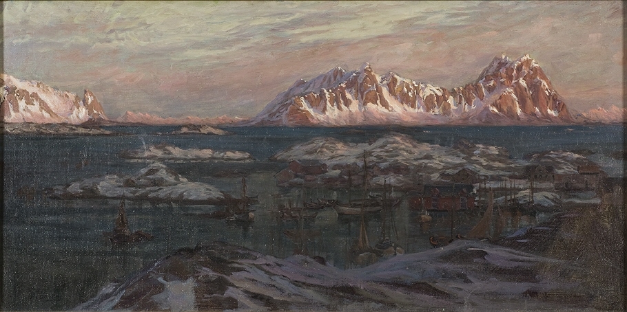 Fiskehamn med solbelysta fjäll. Studie från Nordlandet