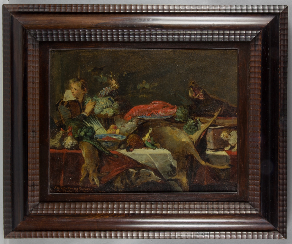 Stilleben, interiör, med en ung man som håller i vindruvsklasar. På borden en mångfald av grönsaker och döda djur som rådjur, vildsvin, hare, fasan med flera. I centrum en stor röd hummer på ett blått fajansfat. I förgrunden en jakthund och till höger en katt.