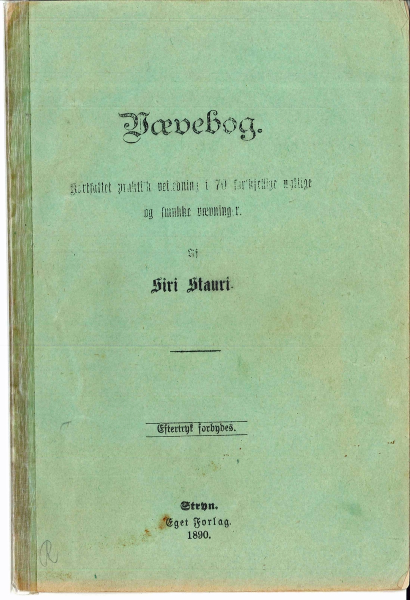 Vevebok med mjuk innbinding på 14 sider. Bak i boka er eit stort, samanbretta mønsterark som kan takast ut.