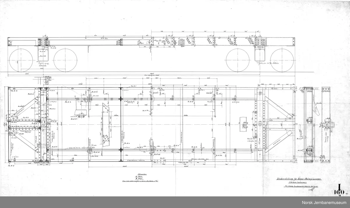 Bogie-malmgrusvogne for Dunderland Iron Ore Company

I160-1 Bogie
I160-2 Understilling
I160-3 Bufferarrangement
I160-4 Vognkasse
I160-4A Vognkasse
I160-5 Lukestengsel
I160-6 Bræmseanordning