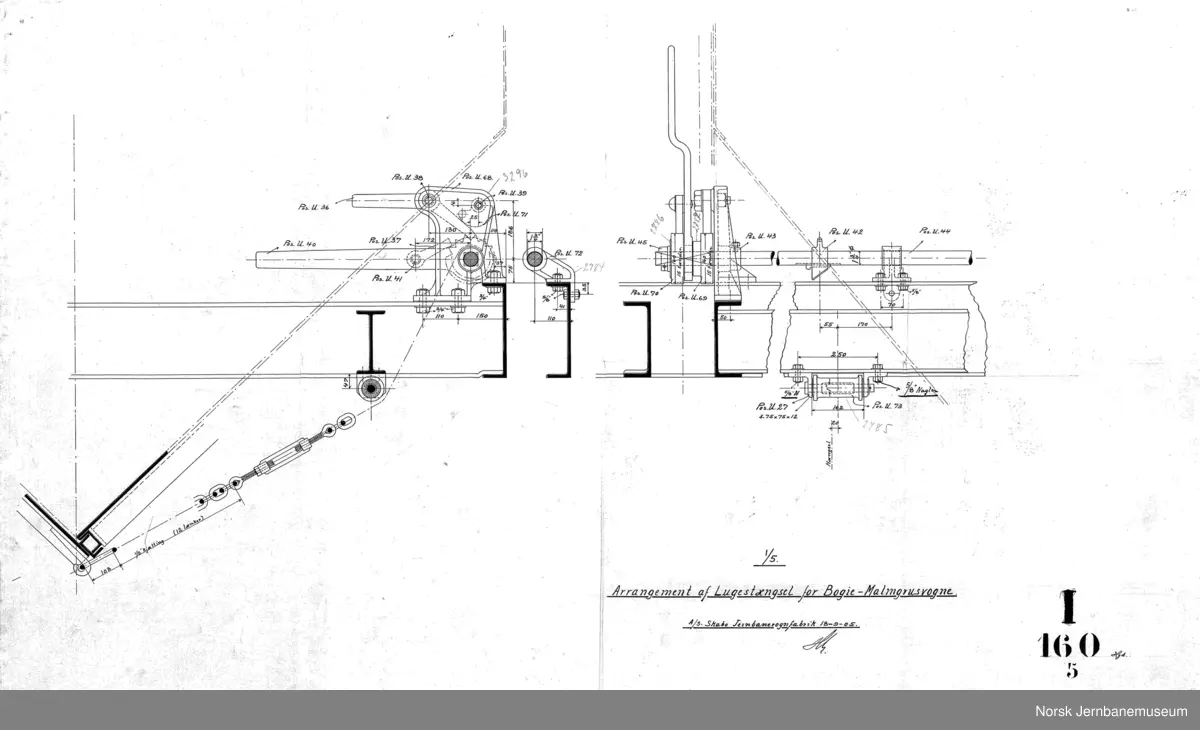 Bogie-malmgrusvogne for Dunderland Iron Ore Company

I160-1 Bogie
I160-2 Understilling
I160-3 Bufferarrangement
I160-4 Vognkasse
I160-4A Vognkasse
I160-5 Lukestengsel
I160-6 Bræmseanordning