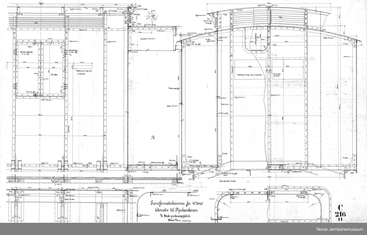 44 tons boggilokomotiv for Rjukanbanen

C216-1A - Hovedtegning
C216-07 Grundplan av huset
C216-11 Transformatorkammer
C216-12 Understilling
C216-13 Maskinrom
C216-15 Hjulsats
C216-18 Førerrom
C216-19 Utvendig riss
C216-24 Boggie
C216-26 Bremseskjema
C216-27 Rørledninger for bremse og strømavtaker

Det finnes i alt 28 tegninger i serien. Alle er scannet.

Det finnes også tegninger i serien C01-C10 som viser endringer på lokene 7-8 i forhold til første leveranse.