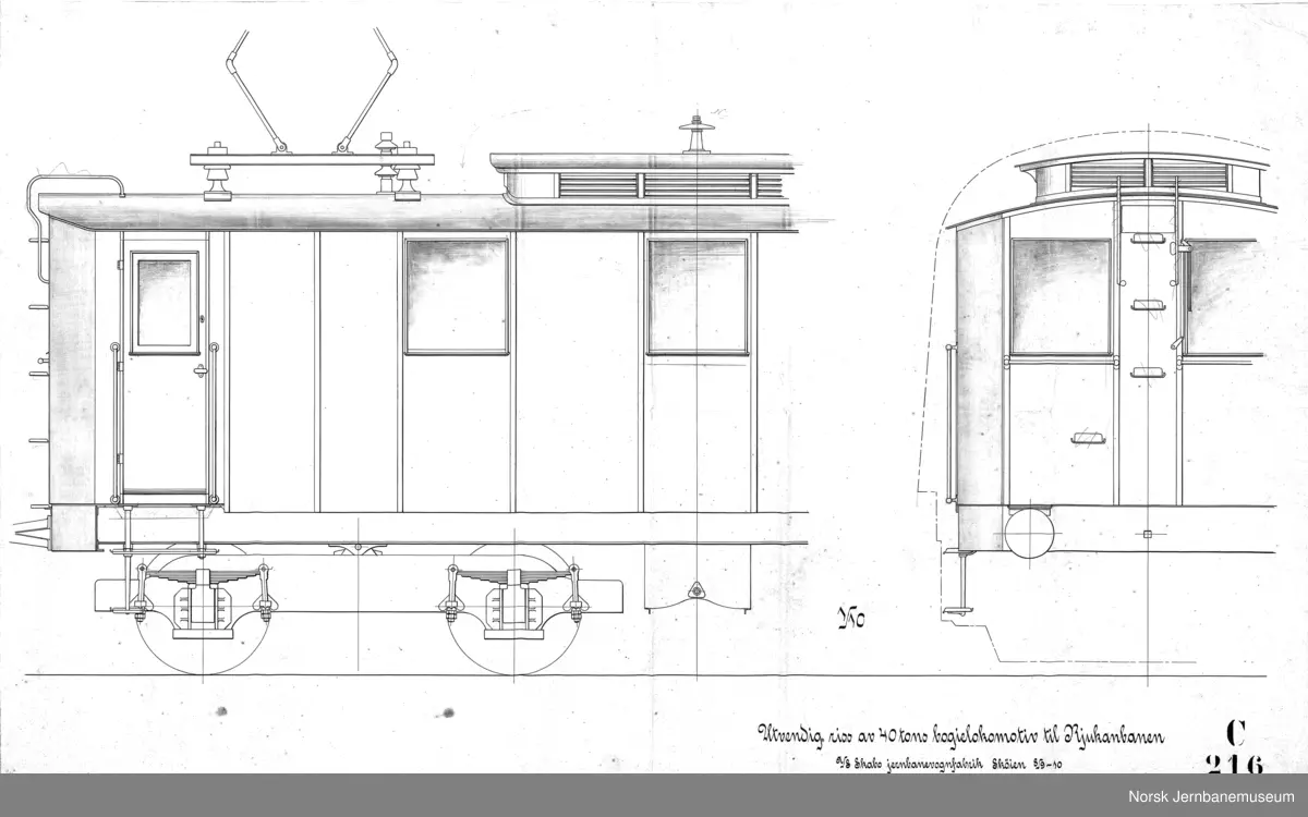 44 tons boggilokomotiv for Rjukanbanen

C216-1A - Hovedtegning
C216-07 Grundplan av huset
C216-11 Transformatorkammer
C216-12 Understilling
C216-13 Maskinrom
C216-15 Hjulsats
C216-18 Førerrom
C216-19 Utvendig riss
C216-24 Boggie
C216-26 Bremseskjema
C216-27 Rørledninger for bremse og strømavtaker

Det finnes i alt 28 tegninger i serien. Alle er scannet.

Det finnes også tegninger i serien C01-C10 som viser endringer på lokene 7-8 i forhold til første leveranse.