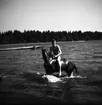 En kavallerist på väg upp från badet med sin häst, Norrlands dragonregemente K4, Umeå, 1955-1956.