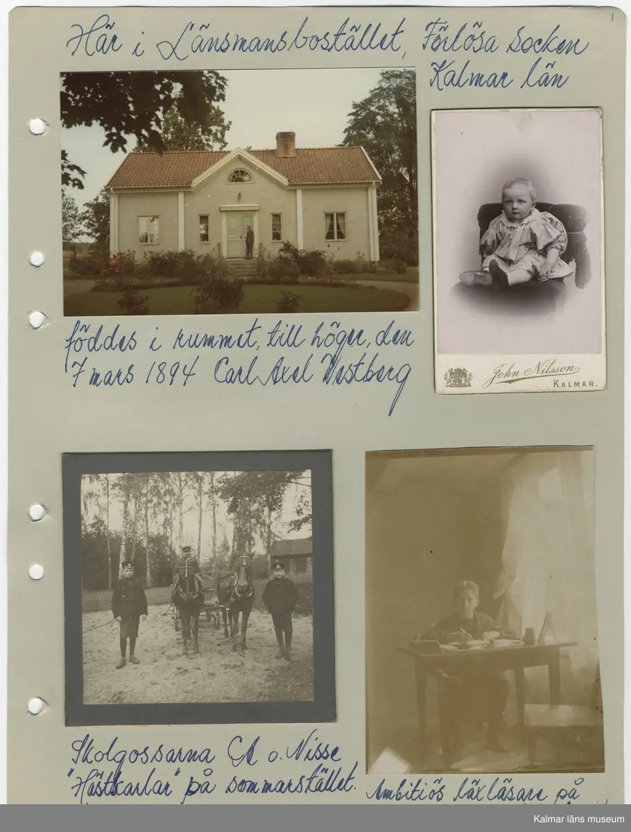 KLM 44702. Fotoalbum. Album av plast, arken av papper. Albumet är brunt med guldtryck på pärmens framsida. Albumet innehåller fotografier och dokument som handlar om Carl Axel Westberg, född 1894, uppvuxen och verksam i Kalmar. C A Westberg var verksam som militär, ryttmästare och inom Eol-bolaget, bland annat som verkställande direktör och inom ICA-styrelsen som ordförande. C A Westberg räknas som pionjär och uppbyggare av ICA-rörelsen. Albumet har sammanställts av hans livskamrat Hjördis Carlsson.

Varje sida har gett ett undernummer och de sidor som omfattar för länet relevanta bilder eller textmaterial beskrivs i följande förteckning.
:1Länsmansbostället i Förlösa, CA:s födelsehem
CA som liten (fotograf John Nilsson, Kalmar)
Två bilder som båda troligen är från en gård i    Skårebo. 
:2 Två bilder från Skårebo
Två bilder på CA och brodern Nisse, ett med     Kalmar gamla vattentorn i bakgrunden.
:3 Bild från Norra Långgatan Kalmar före rivningarna i kv Kopparslagaren (tomten nr 150), en bild efter rivningarna. En bild från Storgatan.
:4 CA:s studentfoto från 1912, fotograf Herman Sandberg, Kalmar. Högre allmänna läroverket vid Stortorget i Kalmar.
:5 CA:s studentbetyg
:7 Avgångsbetyg från kavalleriets officersvolontärskola 1912-13.
:9 Utnämning till fanjunkare vid Skånska Dragonregementet. 
:11 Avgångsbetyg från kungliga krigsskolan.
:23 Utnämning till Ryttmäster vid skånska Dragonregemnetet.
:25 Utnämnningen till riddare av Kungliga Svärdsorden, första klass.
:27 Utnämningen till riddare av Kungliga Vasaorden, första klass.
:29 Beviljat avsked från beställning som löjtnant och ryttmästare 1944. 
:31 Södra Långatan Kalmar. CA och Dagny med vänner trolgien i Kalmar, Dagnys danskort. Foto på de nyförlovade 1917. 
:32 Inbjudan för Laura Wetberg att delta i brölloppet mellan CA och Dagny, vykort från Kalmar domkyrka.
:33 Program och meny från bröllopet, bröllopsfoto med vänner från Stadshotellet i Kalmar. 
:36 Lindarne i Dörby socken. 
:38 CA och DAgny byggde hus på Akacian 2(eller17) Klostergatan eller Söderportsgatan? Paret bodde aldrig här. Huset finns kvar 2016.
:40 matsedel från jubileum med H A B Adolf Andersson 1930. Foto på kom-snart igen. Östra Sjögatan mot Kavaljersporten.
:41 Skrift från EOL-bolagets bolagsstämma i Kalmar 1956 som berättar om Adolf Anderssons rörelse och kopplingen till EOL-bolaget. 
:43 bilden längst ner från Stagneliusskolans aula.
:47 Historik från ICA-tidningen om CA. 
:55 Information från EOLbolaget om avskedsgåvan, stipendiefond, till CA då han slutade sin tjänst.
