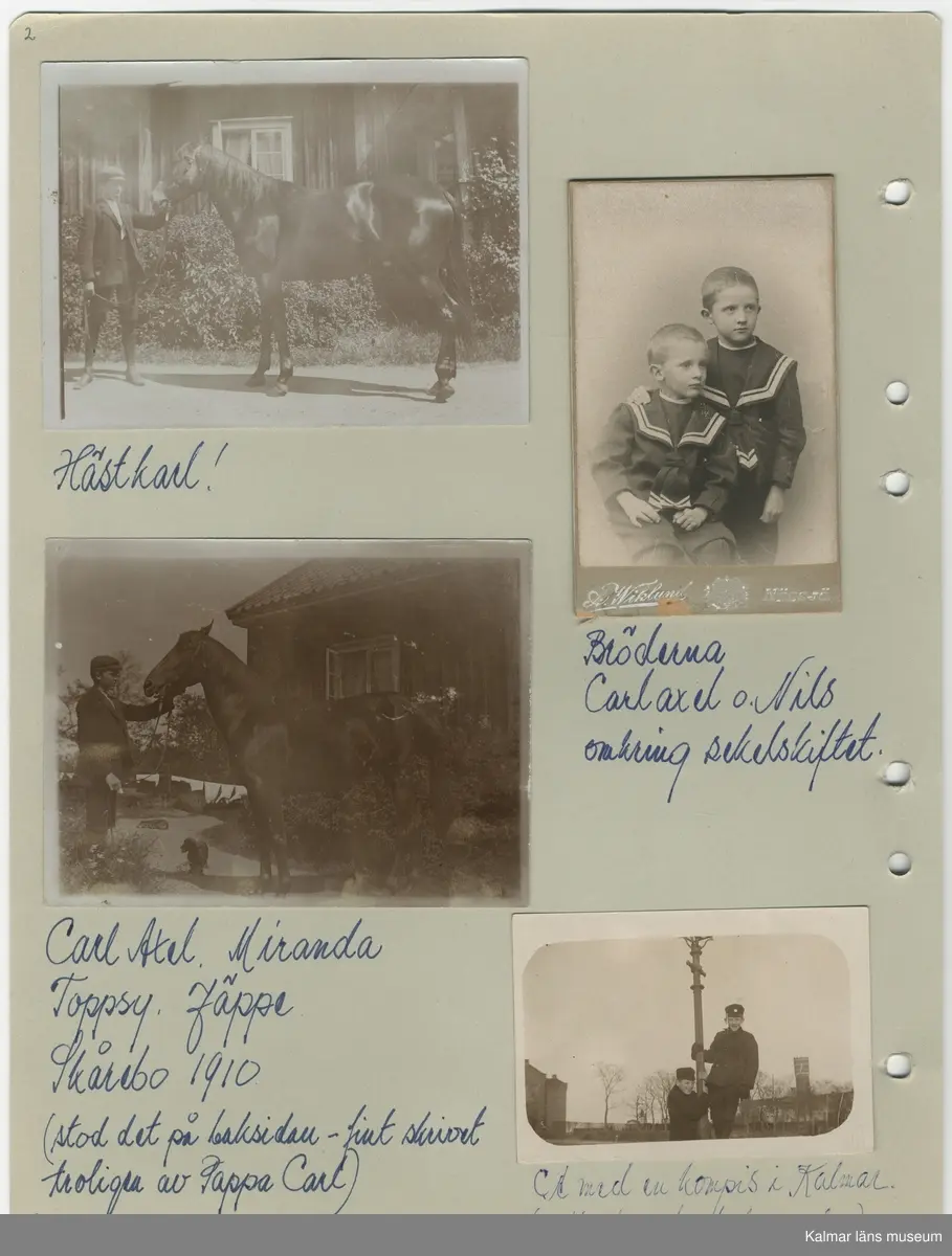 KLM 44702. Fotoalbum. Album av plast, arken av papper. Albumet är brunt med guldtryck på pärmens framsida. Albumet innehåller fotografier och dokument som handlar om Carl Axel Westberg, född 1894, uppvuxen och verksam i Kalmar. C A Westberg var verksam som militär, ryttmästare och inom Eol-bolaget, bland annat som verkställande direktör och inom ICA-styrelsen som ordförande. C A Westberg räknas som pionjär och uppbyggare av ICA-rörelsen. Albumet har sammanställts av hans livskamrat Hjördis Carlsson.

Varje sida har gett ett undernummer och de sidor som omfattar för länet relevanta bilder eller textmaterial beskrivs i följande förteckning.
:1Länsmansbostället i Förlösa, CA:s födelsehem
CA som liten (fotograf John Nilsson, Kalmar)
Två bilder som båda troligen är från en gård i    Skårebo. 
:2 Två bilder från Skårebo
Två bilder på CA och brodern Nisse, ett med     Kalmar gamla vattentorn i bakgrunden.
:3 Bild från Norra Långgatan Kalmar före rivningarna i kv Kopparslagaren (tomten nr 150), en bild efter rivningarna. En bild från Storgatan.
:4 CA:s studentfoto från 1912, fotograf Herman Sandberg, Kalmar. Högre allmänna läroverket vid Stortorget i Kalmar.
:5 CA:s studentbetyg
:7 Avgångsbetyg från kavalleriets officersvolontärskola 1912-13.
:9 Utnämning till fanjunkare vid Skånska Dragonregementet. 
:11 Avgångsbetyg från kungliga krigsskolan.
:23 Utnämning till Ryttmäster vid skånska Dragonregemnetet.
:25 Utnämnningen till riddare av Kungliga Svärdsorden, första klass.
:27 Utnämningen till riddare av Kungliga Vasaorden, första klass.
:29 Beviljat avsked från beställning som löjtnant och ryttmästare 1944. 
:31 Södra Långatan Kalmar. CA och Dagny med vänner trolgien i Kalmar, Dagnys danskort. Foto på de nyförlovade 1917. 
:32 Inbjudan för Laura Wetberg att delta i brölloppet mellan CA och Dagny, vykort från Kalmar domkyrka.
:33 Program och meny från bröllopet, bröllopsfoto med vänner från Stadshotellet i Kalmar. 
:36 Lindarne i Dörby socken. 
:38 CA och DAgny byggde hus på Akacian 2(eller17) Klostergatan eller Söderportsgatan? Paret bodde aldrig här. Huset finns kvar 2016.
:40 matsedel från jubileum med H A B Adolf Andersson 1930. Foto på kom-snart igen. Östra Sjögatan mot Kavaljersporten.
:41 Skrift från EOL-bolagets bolagsstämma i Kalmar 1956 som berättar om Adolf Anderssons rörelse och kopplingen till EOL-bolaget. 
:43 bilden längst ner från Stagneliusskolans aula.
:47 Historik från ICA-tidningen om CA. 
:55 Information från EOLbolaget om avskedsgåvan, stipendiefond, till CA då han slutade sin tjänst.