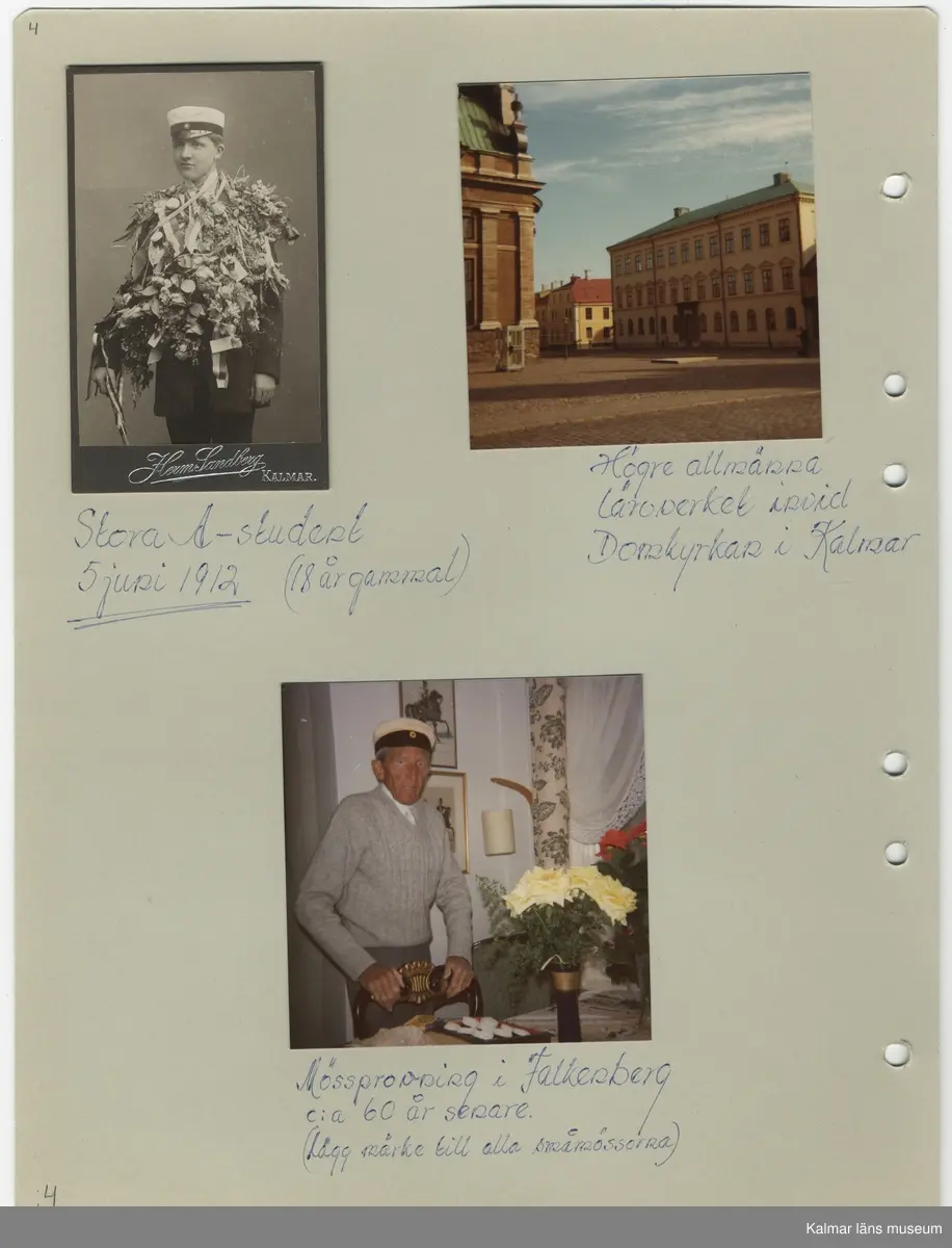 KLM 44702. Fotoalbum. Album av plast, arken av papper. Albumet är brunt med guldtryck på pärmens framsida. Albumet innehåller fotografier och dokument som handlar om Carl Axel Westberg, född 1894, uppvuxen och verksam i Kalmar. C A Westberg var verksam som militär, ryttmästare och inom Eol-bolaget, bland annat som verkställande direktör och inom ICA-styrelsen som ordförande. C A Westberg räknas som pionjär och uppbyggare av ICA-rörelsen. Albumet har sammanställts av hans livskamrat Hjördis Carlsson.

Varje sida har gett ett undernummer och de sidor som omfattar för länet relevanta bilder eller textmaterial beskrivs i följande förteckning.
:1Länsmansbostället i Förlösa, CA:s födelsehem
CA som liten (fotograf John Nilsson, Kalmar)
Två bilder som båda troligen är från en gård i    Skårebo. 
:2 Två bilder från Skårebo
Två bilder på CA och brodern Nisse, ett med     Kalmar gamla vattentorn i bakgrunden.
:3 Bild från Norra Långgatan Kalmar före rivningarna i kv Kopparslagaren (tomten nr 150), en bild efter rivningarna. En bild från Storgatan.
:4 CA:s studentfoto från 1912, fotograf Herman Sandberg, Kalmar. Högre allmänna läroverket vid Stortorget i Kalmar.
:5 CA:s studentbetyg
:7 Avgångsbetyg från kavalleriets officersvolontärskola 1912-13.
:9 Utnämning till fanjunkare vid Skånska Dragonregementet. 
:11 Avgångsbetyg från kungliga krigsskolan.
:23 Utnämning till Ryttmäster vid skånska Dragonregemnetet.
:25 Utnämnningen till riddare av Kungliga Svärdsorden, första klass.
:27 Utnämningen till riddare av Kungliga Vasaorden, första klass.
:29 Beviljat avsked från beställning som löjtnant och ryttmästare 1944. 
:31 Södra Långatan Kalmar. CA och Dagny med vänner trolgien i Kalmar, Dagnys danskort. Foto på de nyförlovade 1917. 
:32 Inbjudan för Laura Wetberg att delta i brölloppet mellan CA och Dagny, vykort från Kalmar domkyrka.
:33 Program och meny från bröllopet, bröllopsfoto med vänner från Stadshotellet i Kalmar. 
:36 Lindarne i Dörby socken. 
:38 CA och DAgny byggde hus på Akacian 2(eller17) Klostergatan eller Söderportsgatan? Paret bodde aldrig här. Huset finns kvar 2016.
:40 matsedel från jubileum med H A B Adolf Andersson 1930. Foto på kom-snart igen. Östra Sjögatan mot Kavaljersporten.
:41 Skrift från EOL-bolagets bolagsstämma i Kalmar 1956 som berättar om Adolf Anderssons rörelse och kopplingen till EOL-bolaget. 
:43 bilden längst ner från Stagneliusskolans aula.
:47 Historik från ICA-tidningen om CA. 
:55 Information från EOLbolaget om avskedsgåvan, stipendiefond, till CA då han slutade sin tjänst.