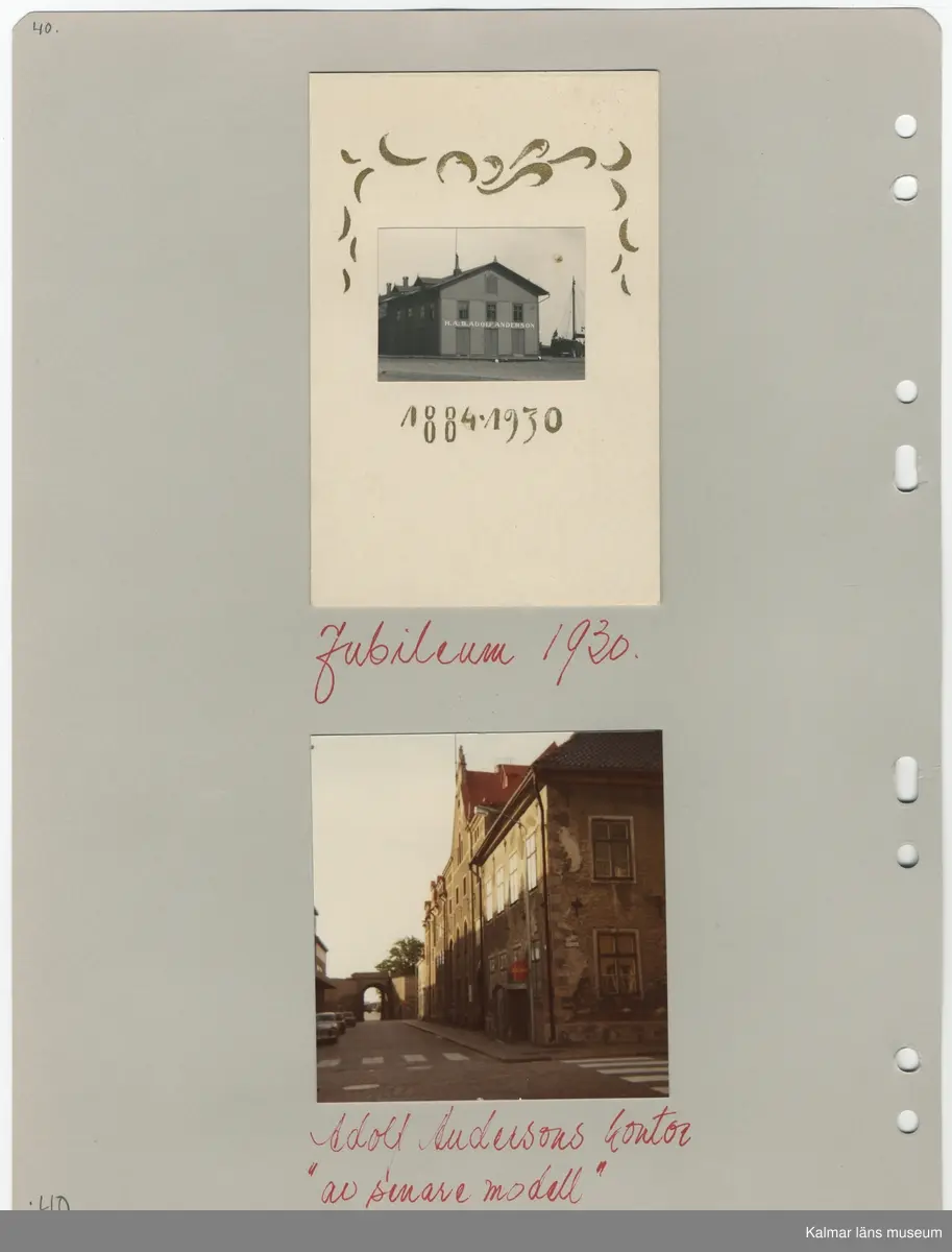 KLM 44702. Fotoalbum. Album av plast, arken av papper. Albumet är brunt med guldtryck på pärmens framsida. Albumet innehåller fotografier och dokument som handlar om Carl Axel Westberg, född 1894, uppvuxen och verksam i Kalmar. C A Westberg var verksam som militär, ryttmästare och inom Eol-bolaget, bland annat som verkställande direktör och inom ICA-styrelsen som ordförande. C A Westberg räknas som pionjär och uppbyggare av ICA-rörelsen. Albumet har sammanställts av hans livskamrat Hjördis Carlsson.

Varje sida har gett ett undernummer och de sidor som omfattar för länet relevanta bilder eller textmaterial beskrivs i följande förteckning.
:1Länsmansbostället i Förlösa, CA:s födelsehem
CA som liten (fotograf John Nilsson, Kalmar)
Två bilder som båda troligen är från en gård i    Skårebo. 
:2 Två bilder från Skårebo
Två bilder på CA och brodern Nisse, ett med     Kalmar gamla vattentorn i bakgrunden.
:3 Bild från Norra Långgatan Kalmar före rivningarna i kv Kopparslagaren (tomten nr 150), en bild efter rivningarna. En bild från Storgatan.
:4 CA:s studentfoto från 1912, fotograf Herman Sandberg, Kalmar. Högre allmänna läroverket vid Stortorget i Kalmar.
:5 CA:s studentbetyg
:7 Avgångsbetyg från kavalleriets officersvolontärskola 1912-13.
:9 Utnämning till fanjunkare vid Skånska Dragonregementet. 
:11 Avgångsbetyg från kungliga krigsskolan.
:23 Utnämning till Ryttmäster vid skånska Dragonregemnetet.
:25 Utnämnningen till riddare av Kungliga Svärdsorden, första klass.
:27 Utnämningen till riddare av Kungliga Vasaorden, första klass.
:29 Beviljat avsked från beställning som löjtnant och ryttmästare 1944. 
:31 Södra Långatan Kalmar. CA och Dagny med vänner trolgien i Kalmar, Dagnys danskort. Foto på de nyförlovade 1917. 
:32 Inbjudan för Laura Wetberg att delta i brölloppet mellan CA och Dagny, vykort från Kalmar domkyrka.
:33 Program och meny från bröllopet, bröllopsfoto med vänner från Stadshotellet i Kalmar. 
:36 Lindarne i Dörby socken. 
:38 CA och DAgny byggde hus på Akacian 2(eller17) Klostergatan eller Söderportsgatan? Paret bodde aldrig här. Huset finns kvar 2016.
:40 matsedel från jubileum med H A B Adolf Andersson 1930. Foto på kom-snart igen. Östra Sjögatan mot Kavaljersporten.
:41 Skrift från EOL-bolagets bolagsstämma i Kalmar 1956 som berättar om Adolf Anderssons rörelse och kopplingen till EOL-bolaget. 
:43 bilden längst ner från Stagneliusskolans aula.
:47 Historik från ICA-tidningen om CA. 
:55 Information från EOLbolaget om avskedsgåvan, stipendiefond, till CA då han slutade sin tjänst.