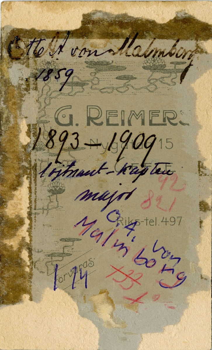 Porträtt av Otto August Malmborg, kapten vid Hälsinge regemente I 14.
Se även bild AMA.0009505.