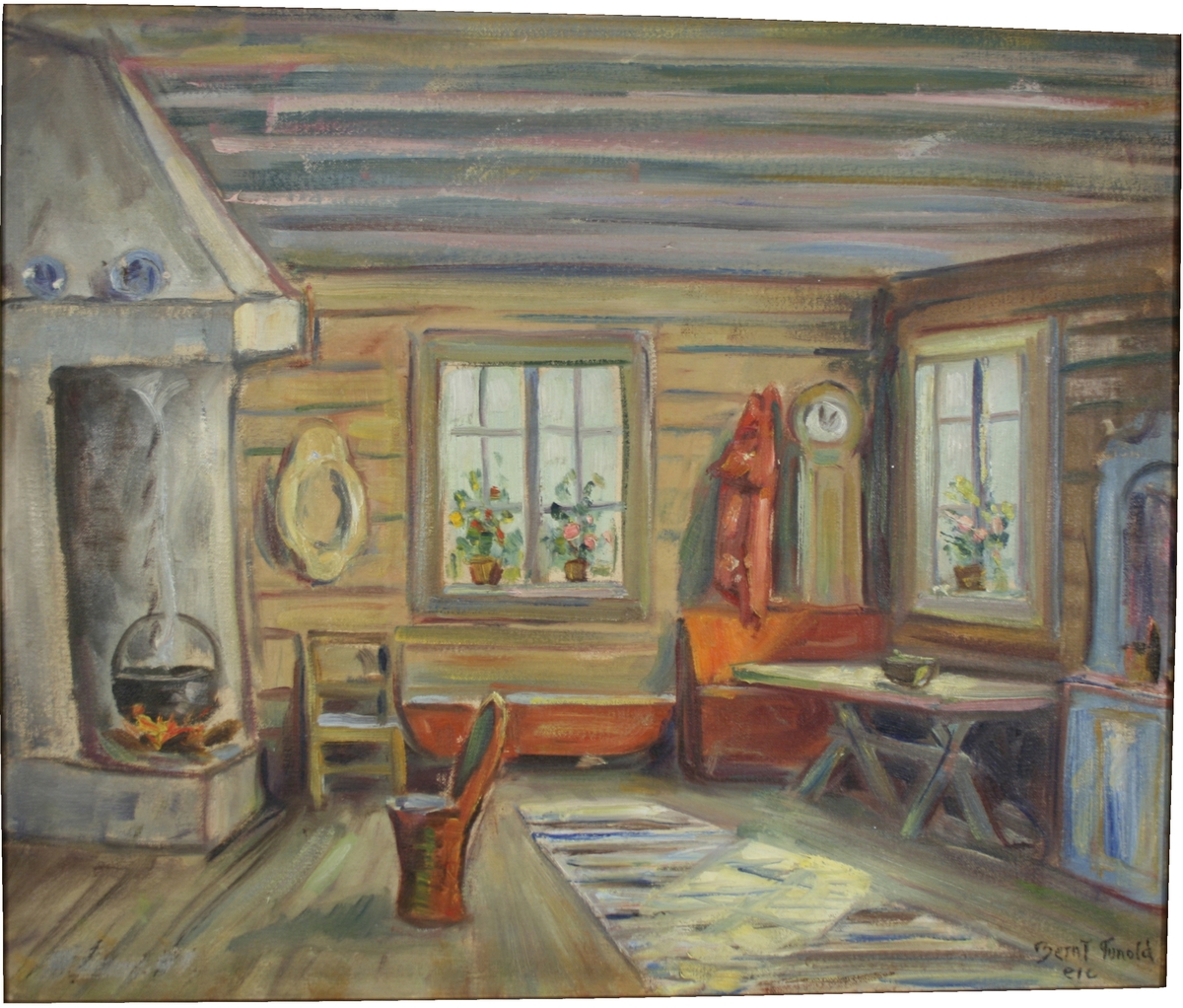 Bondeinteriør. Et rom med grue og stol, to vinduer, enkle bondemøbler.
