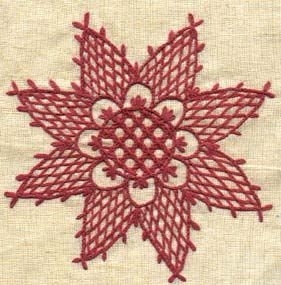 Broderat med rött bomullsgarn på blekt linneväv