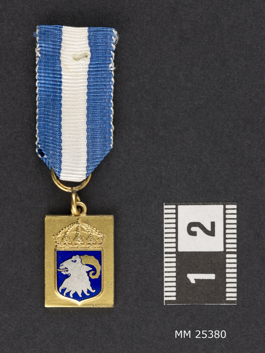 Miniatyrmedalj HMS Visborg. Medalj i form av rektangulär plakett i gulmetall med motiv Visborgs vapen: krönt sköld med blåemaljerad bakgrund samt silvrig bagge med guldfärgade horn samt tunga. Medaljen fäst i blå-vitt sidenband samt med säkerhetsnål på baksidan.