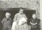 Fru Greta Johansson Myrsäter flankerad av barnen Ivan, född 1920 och Ingrid född 1921 gift Persson, och liggande i knät sonen Sven född 1923.