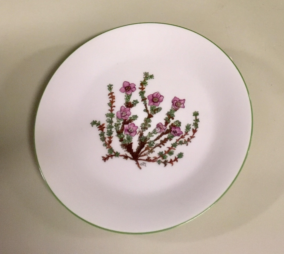 To asjetter, ett tefat og en kopp i hvitt porselen med grønn kant fra Porsgunds Fjellflora-serie. Blomsterdekor i grønt, gult og lilla.

To asjetter, ett tefat og to kopper i hvitt porselen med gullkant fra Bavaria-Germany. Motivet ligner Porsgrunds motiv, men ikke ren kopi.