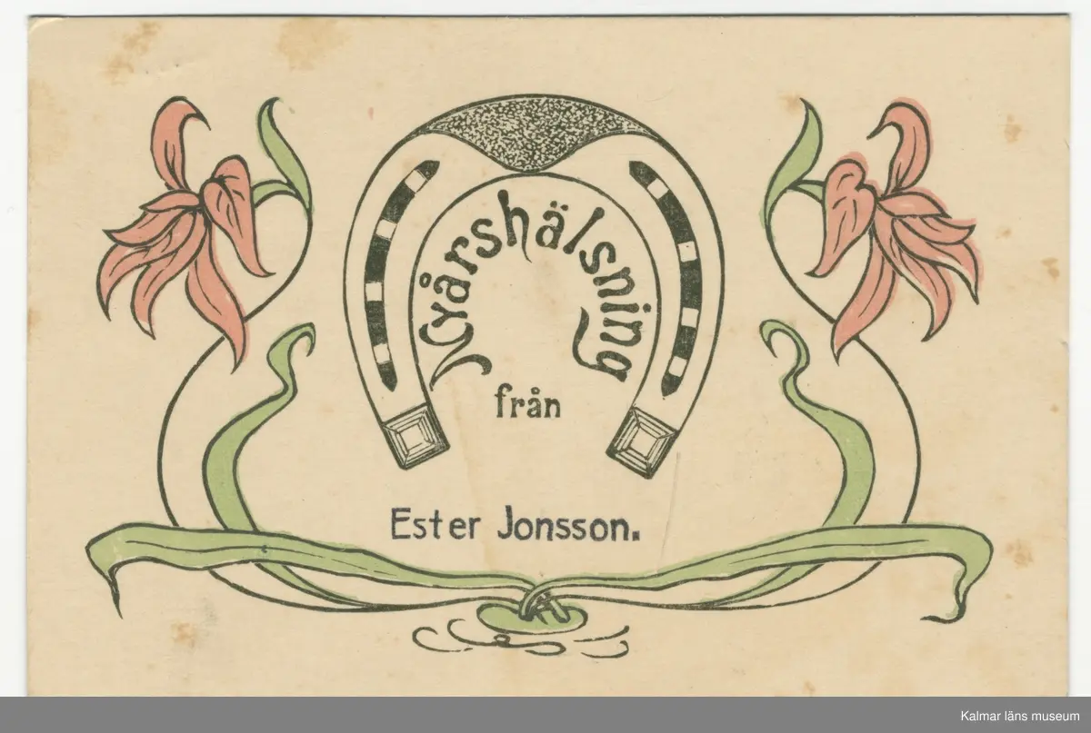 Vit botten, stiliserade blommor och hästsko. Text: "Nyårshälsning från" med svarta bokstäver.