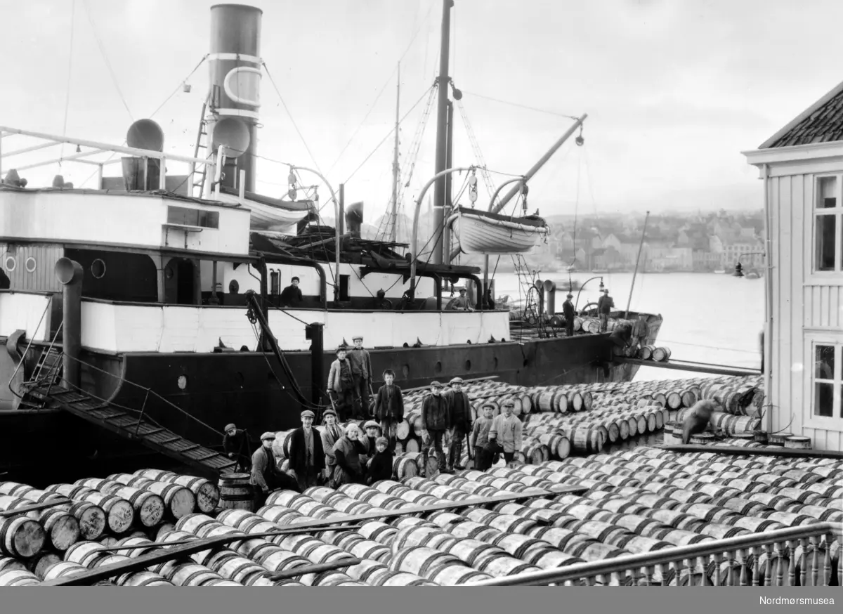 Fra en kjøpmannsgård i Kristiansund, Parelius på Nordlandet, hvor vi ser store deler av uteområdet rundt huset er fullt av sildtønner. Trolig fra samme serie som KMb-1944-000.0628 og fortløpende. Fra Nordmøre Museums fotosamlinger.