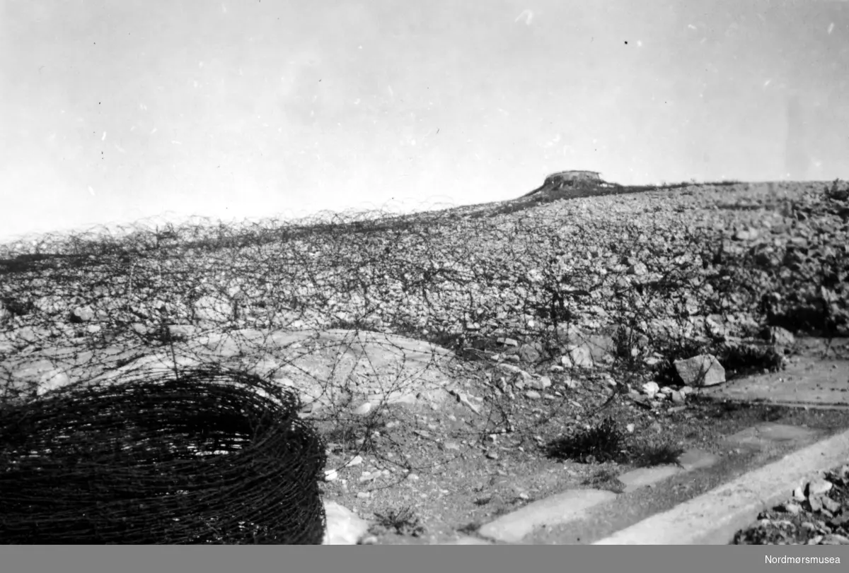 En kamuflert tyskerbunker i Hauggata, sett fra sydøst, med piggtråd i forgrunnen. Bildet er datert 20. mai 1945. Fra Nordmøre Museums fotosamlinger.