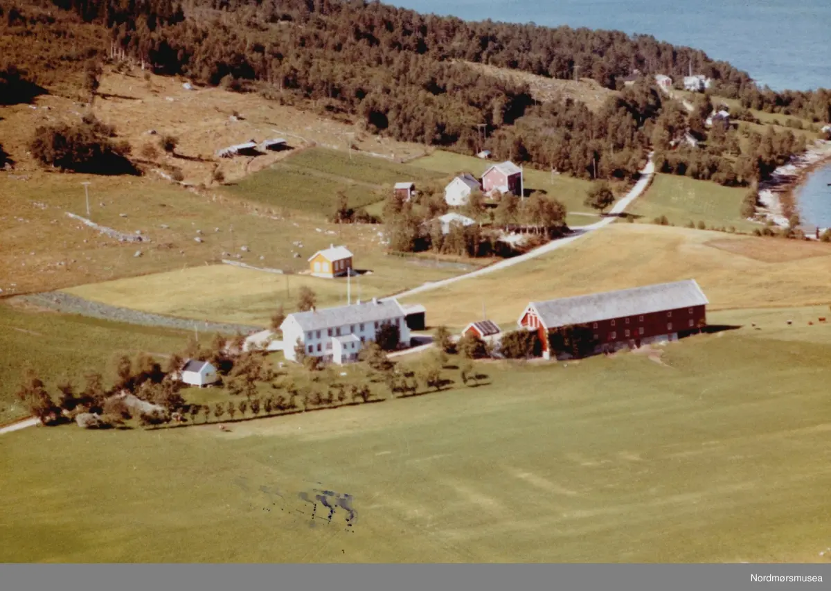 Flyfoto med gården trolig til Anders J. Røttingsnes på Meisingset i Tingvoll. Bildet er datert 30. juli 1963, og fotograf er Widerøe's Flyveselskap a/s. Fra Nordmøre Museums fotosamlinger
