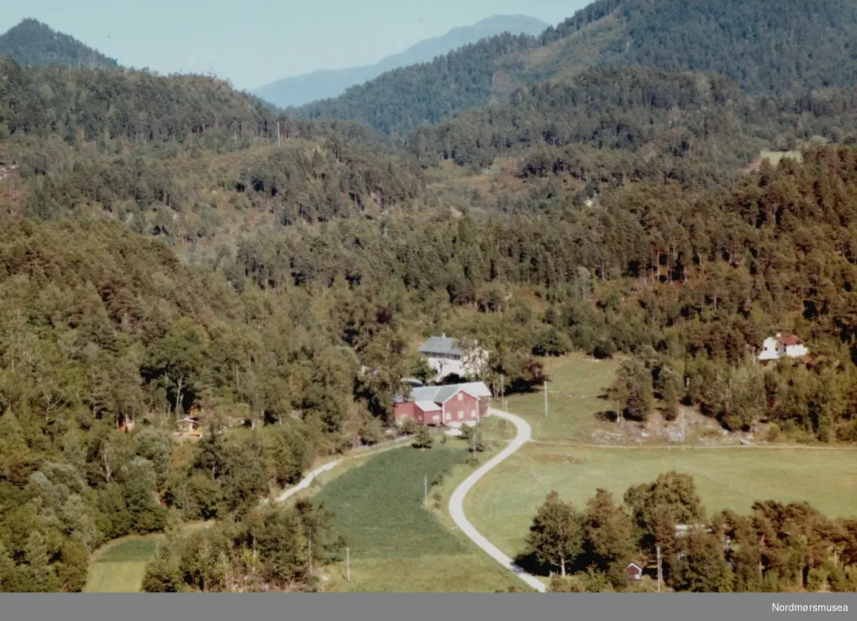 Flyfoto fra gården Ødegard på Øydegard i Tingvoll kommune. Til venstre ser vi ";Mersåsspiken";. Bildet er datert 30. juli 1963, og fotograf er Widerøe's Flyveselskap a/s. Fra Nordmøre Museums fotosamlinger.
