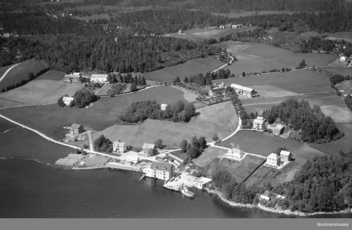 Serie. Foto fra Angvik tønne- og trevirkefabrikk i Angvik, Gjemnes kommune. Fotografert trolig 17. november 1950, av Widerøes flyveselskap. Fra Nordmøre museums fotosamlinger. Reg: EFR
