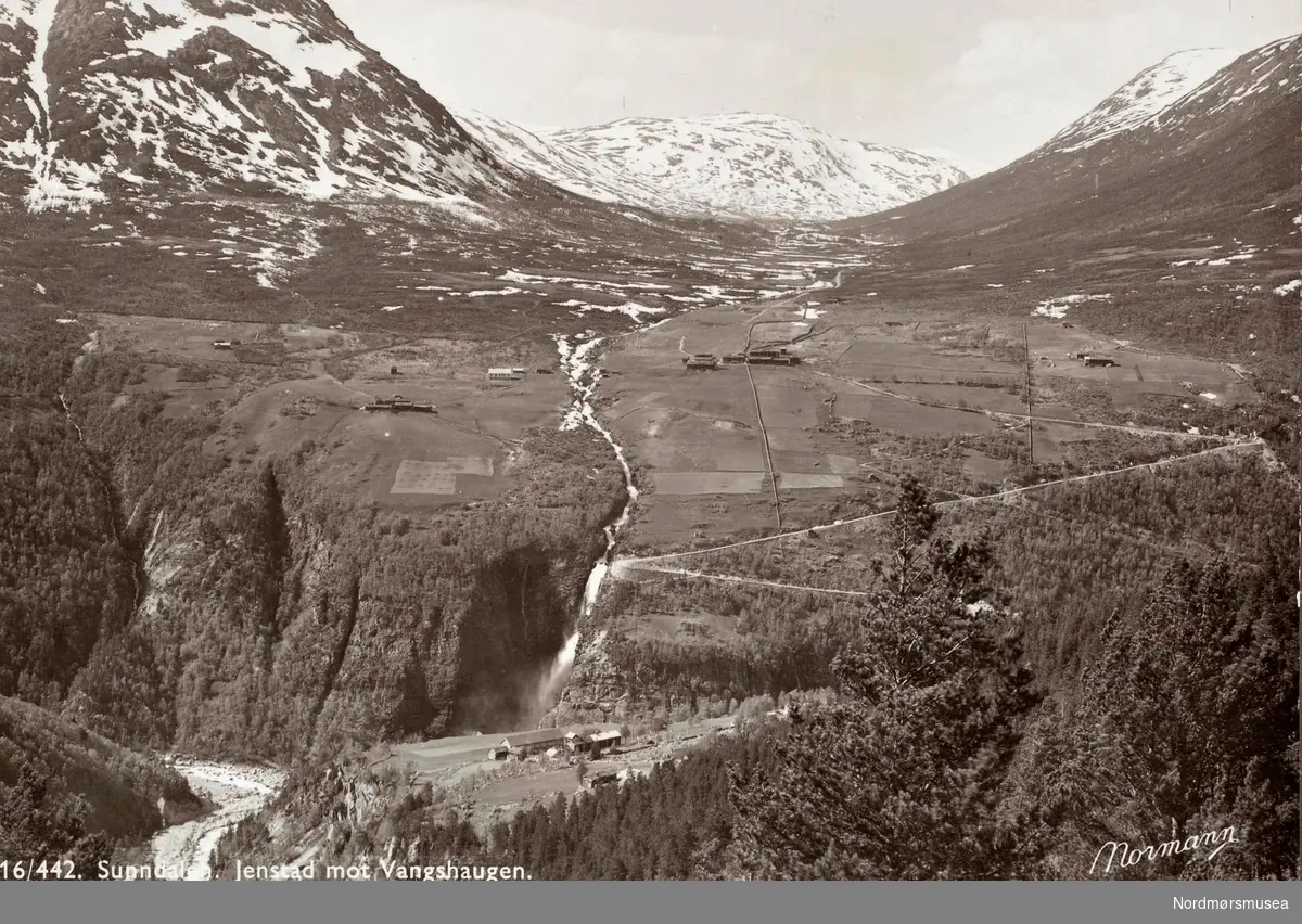 Postkort ";16/442"; hvor vi ser fra Jenstad i retning Vangshaugen i Sunndal kommune. Fra Nordmøre Museums fotosamlinger. /Reg:EFR2013/



