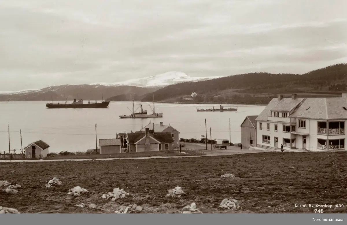 Postkort ";745"; med motiv fra Tingvoll kommune, hvor vi ser litt fra bebyggelsen som ligger nede ved strandlinjen. Ute på fjorden ser vi tre dampbåter. Bildet er datert 1939. Fra Nordmøre Museums fotosamlinger. /Reg:EFR2013/



