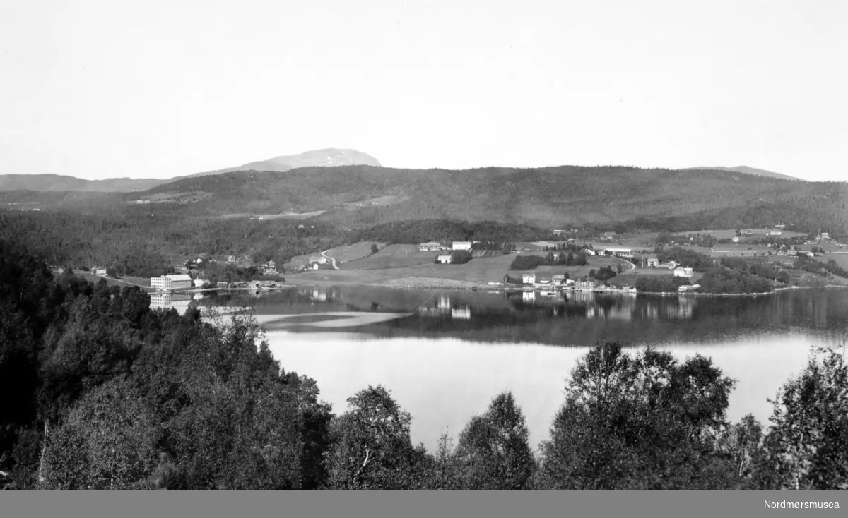 Foto med parti fra Angvik i Gjemnes kommune. Vi ser mot fjorden med bygda og naturen rundt. Fotograf er trolig Georg Sverdrup, og datering er sannsynligvis fra perioden 1930 til 1939. Fra Nordmøre Museums fotosamlinger. Reg: EFR
