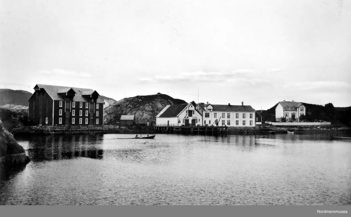 Postkort: 290 ";Harøysund. Eneret G. Sverdrup 1936"; Postkort fra Harøysundet, trolig beliggende i Sandøy kommune, med motiv fra brygger, naust, våninghus og uthus nede ved strandlinjen. Fra Nordmøre Museums fotosamlinger. Reg: EFR
