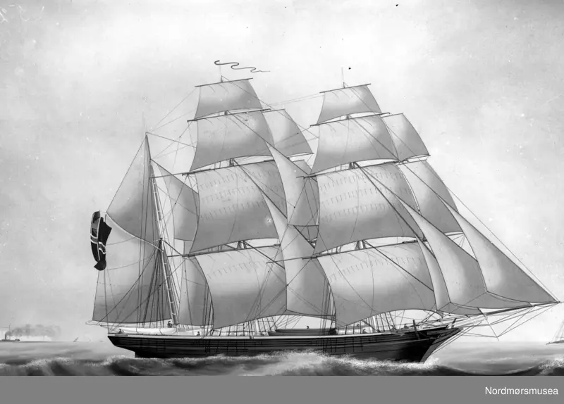 Maleri/tegning av en skute med seilføring.
 Se ";Fra Christiansunds gamle flaate";. (Fra Nordmøre Museums fotosamlinger)
