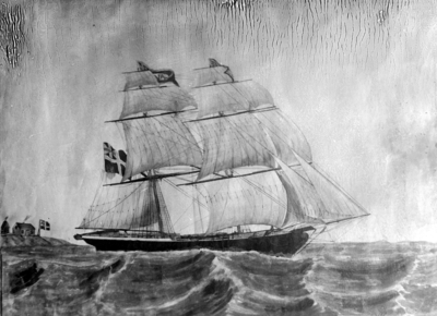 Tegning/maleri av seilskute med seilføring.
 (Fra Nordmøre Museums fotosamling)
