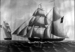 Tegning/maleri av seilskute med seilføring.
 (Fra Nordmøre Museums fotosamling)
