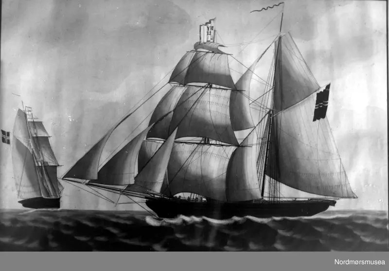 Tegning/maleri av seilskute med seilføring.
 (Fra Nordmøre Museums fotosamling)
