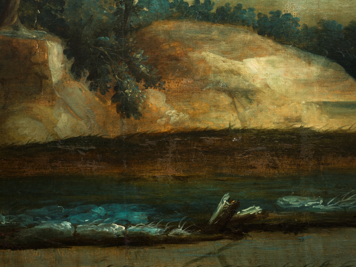 Maleriet framstiller et idealisert landskap, trolig i Italia. I forgrunnen til venstre en stor ruin av et romersk tempel med små staffasjefigurer som vandrer rundt. Til høyre for dette et stort tre og lengst til høyre et enda høyere tre. De to trærne innrammer et rolig landskap i mellomgrunnen og et fjell med to markerte topper samt et havneparti i bakgrunnen. I forgrunnen for øvrig en elv og en mur med en bro til høyre samt to grupper med staffasjefigurer – til venstre to kvinner som vasker tøy, til høyre en gjeter med sauer. I mellomgrunnen ytterligere fire staffasjefigurer fordelt på to grupper med to personer i hver.