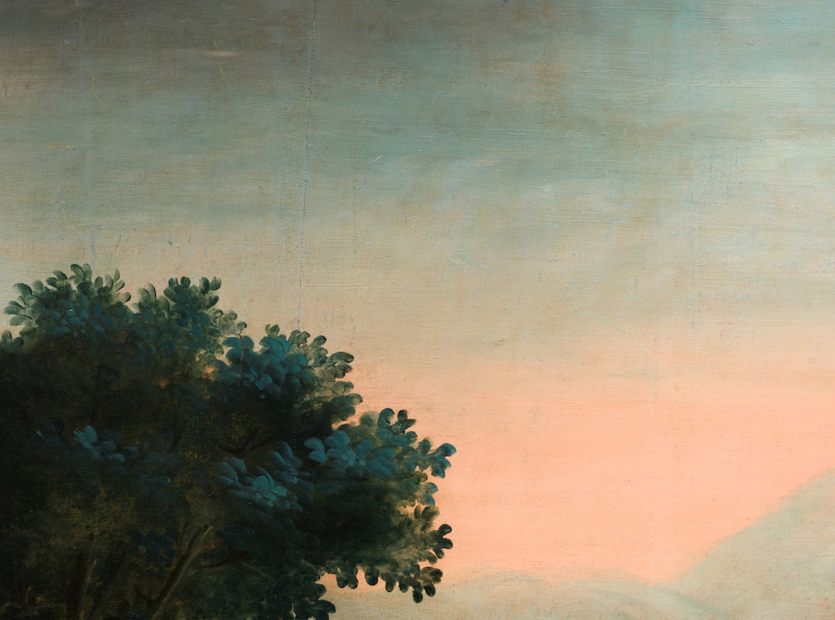 Maleriet framstiller et idealisert landskap, trolig i Italia. I forgrunnen til venstre en stor ruin av et romersk tempel med små staffasjefigurer som vandrer rundt. Til høyre for dette et stort tre og lengst til høyre et enda høyere tre. De to trærne innrammer et rolig landskap i mellomgrunnen og et fjell med to markerte topper samt et havneparti i bakgrunnen. I forgrunnen for øvrig en elv og en mur med en bro til høyre samt to grupper med staffasjefigurer – til venstre to kvinner som vasker tøy, til høyre en gjeter med sauer. I mellomgrunnen ytterligere fire staffasjefigurer fordelt på to grupper med to personer i hver.