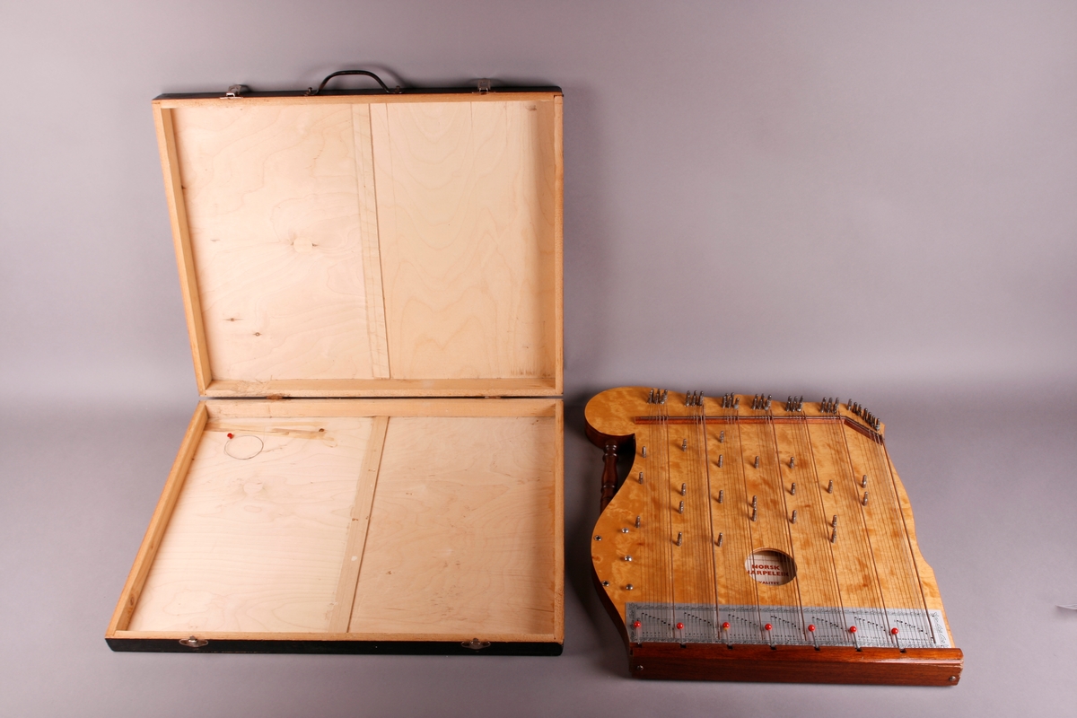 Rektangulær korpus med lokk og bunn i lysebrunt tre. Sargen er mørkt tre. Bunnen er flat. Nedre sarg er flat, og de andre tre sidene er buet. Instrmentet har en "arm" på venstre side. Fra denne armen går et håndtak i form av en søyle. Tre metallknapper på venstre side nedenfor håndtaket. Ved disse er det to metallskruer/ringer her som lager hull inn i resonanskassen. 

64 strenger som er gruppert i sju akkorder. Fra venstre: F-dur, C-dur, G-dur, D-dur, A-dur, E-dur, H-dur. Nederst på instrumentet er det påmontert et brett som beskytter strengefestet. Under strengene går det for hver akkord en stang som kan bøyes oppover. Med disse kan man forandre tersen i hver akkord, og dermed spille i moll. 

Nederst, før strengefestet og brettet er det skrudd på en metallplate som beskriver tonehøyder via notelinjer, samt notenavn. Etikett på kremhvitt (falmet?) papir er pålimt inne i kassen.