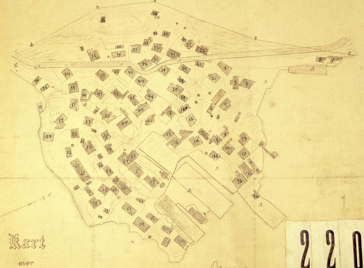 Kopi av kart over Stilnestangen, forstad til Kragerø, Carl Paaske 1867. Målestokk 1/1000.