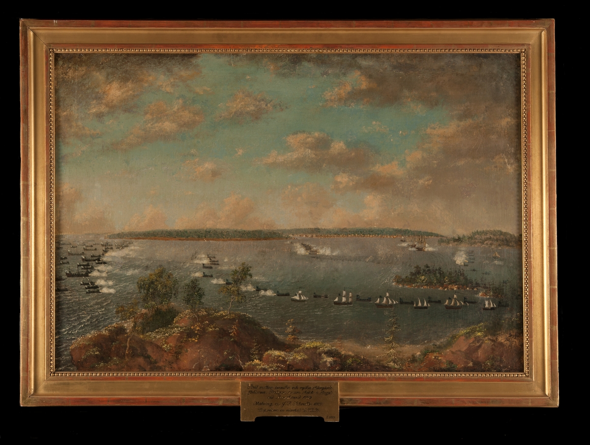 Slaget vid Svensksund 1789.
Bataljmålning av J.T. Schoultz 1807. Målad å väv och spänd å ram, föreställande skärgårdsstrid mellan ryska och svenska skärgårdsflottorna, troligen senare skedet i slaget vid Svensksund 1789.