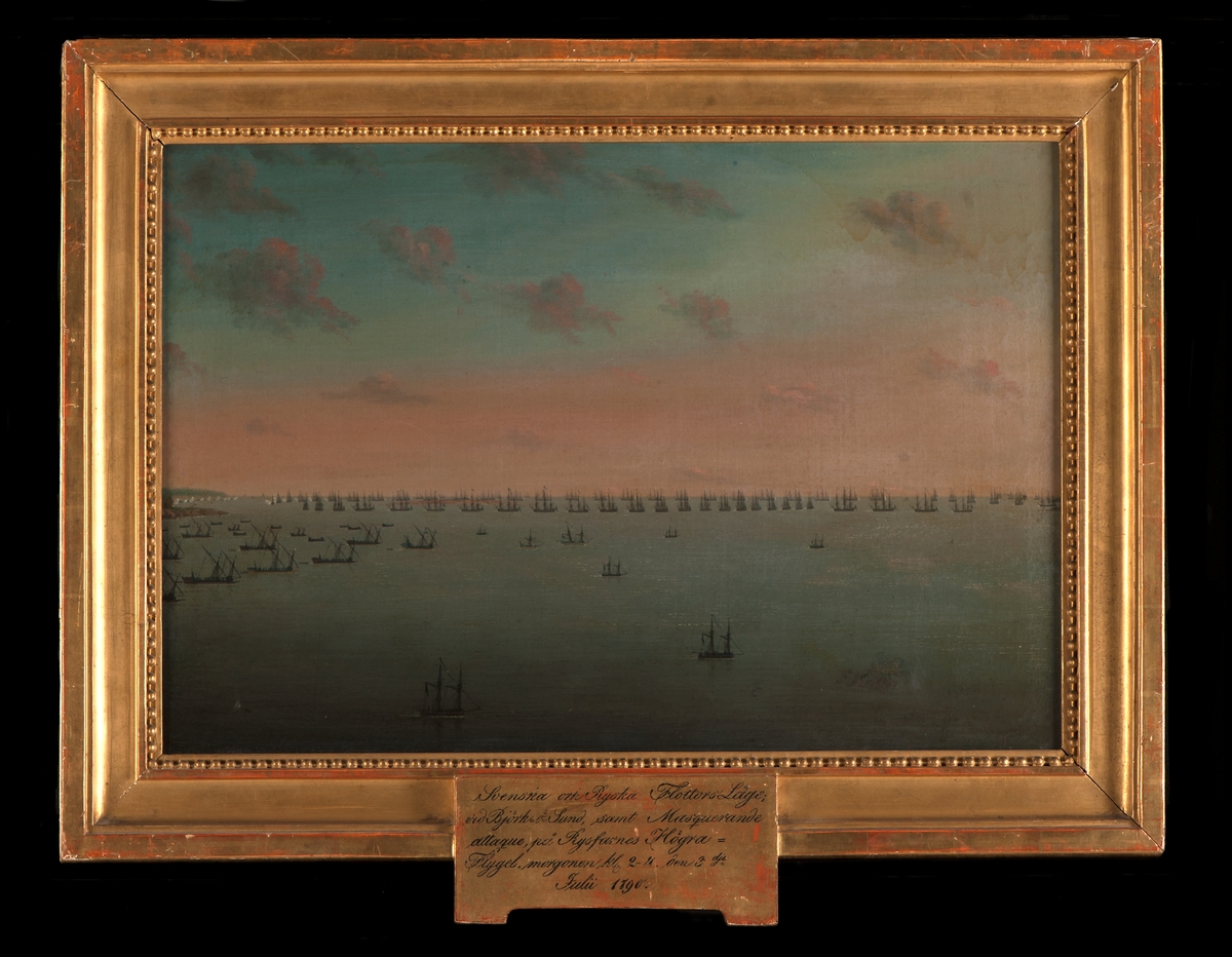 "Svenska och Ryska Flottan vid Björkösund samt marquerande Attaque på Ryssarnas Högra Flygel, morgonen kl 2-4 den 3 Juli 1790".