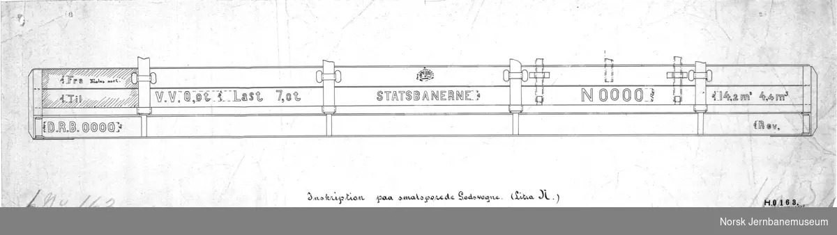 Inskription paa smalsporede Godsvogne (Litra N)

L.No.163 - Viser påskrift fra vogn for D.R.B., dvs Randsfjordbanen. Tegning fra NSB Hamar distrikt.