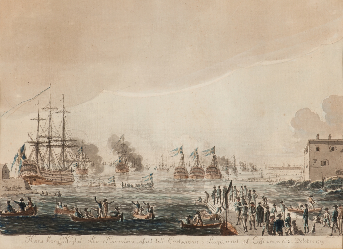 "Hans Kongl. Höghet. Stor Amiralens infart till Carlskrona i slup, rodd af officerare den 24 oktober 1789".
Gustav III rors in till Karlskrona i slup