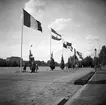 Flaggparad i stråket till museet i samband med öppningen av den Ibero-Amerikanska arkitekturutställningen sommaren 1946.