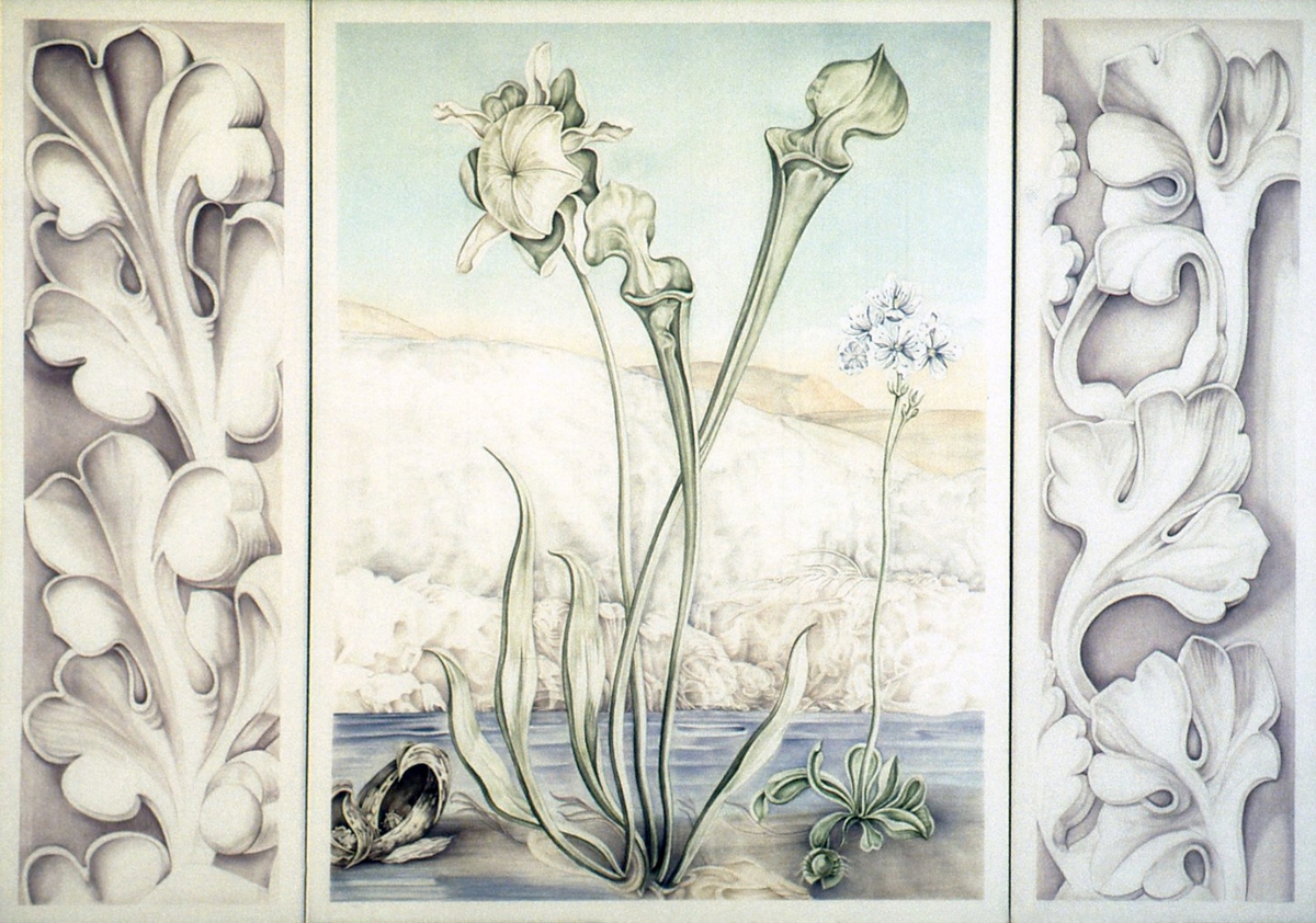 Verket består av 5 paneler montert samlet. 
Motivet i midten viser en sumpplante (venus flytrap) i landskap. På hver side er det avbildet pseudogotisk akantus ranke, og helt ytters på hver side en kolibri/foliage sittende på en gren, på monokrom fargeflate.
