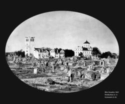 Karlstad efter branden 1865. Från vänster. Domkyrkan, kommin