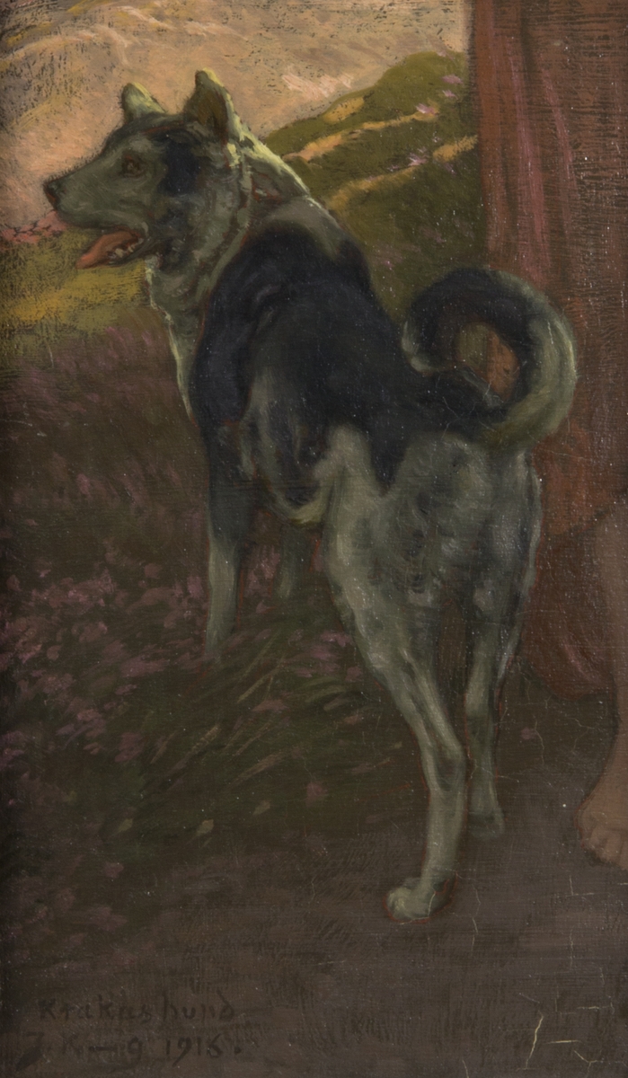Porträtt av hund i helfigur, Krakas hund, sedd snett bakifrån med öppen mun. Till höger en fot och del av en klänning.
