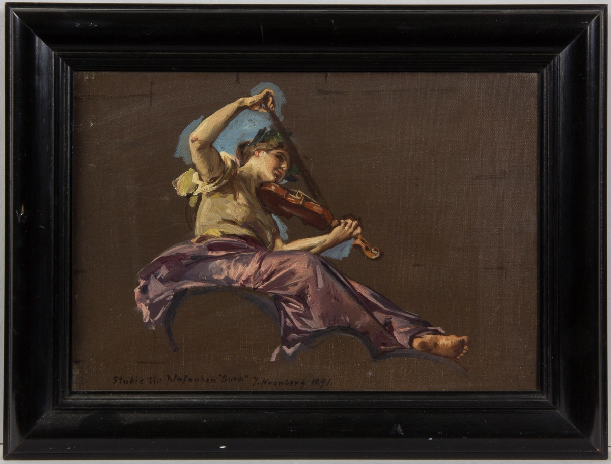 Sittande kvinna som spelar fiol. Figurstudie mot brun bakgrund.